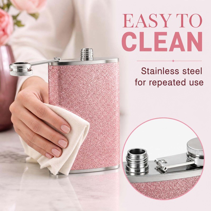 8 Oz Hip Flasks for Women Men, Pink Sparkling Portable