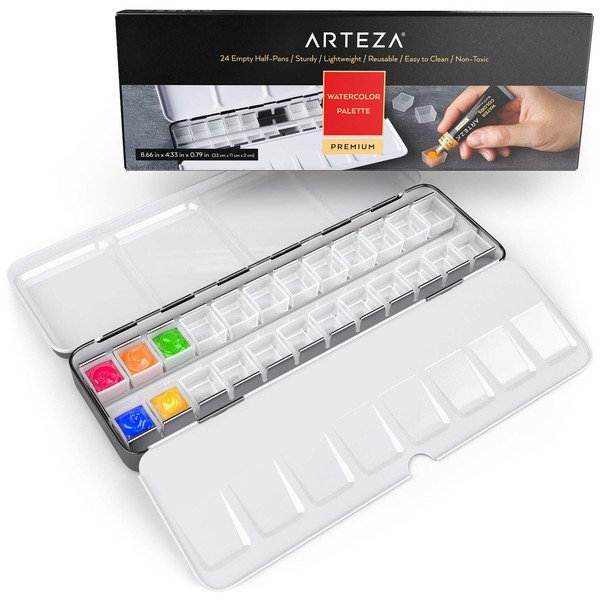 ARTEZA Empty Watercolor Palette, 24 Half-Pans, Lightweight, Easy-to-Clean, Travel Art