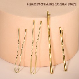 300pcs Bobby Pins U Shaped Hair Pins Kit, 100 U Shaped Hair Pin for Women 2inch 2.36inch 100 Bobby Pins 2inch, 2.75inch and 100 HairBands (Gold)