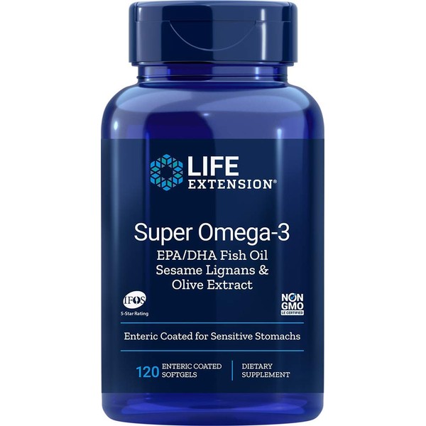Super Omega-3 EPA/DHA Sesame Lignans & Olive Extract - Fish Oil for Heart Health, Brain Health & Beyond – Enteric Coated – IFOS 5-Star Rated – Gluten-Free, Non-GMO – 120 Enteric-Coated Softgels