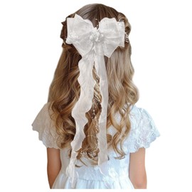 Holy Communion Hair Accessories for Girls – White Bow Hair Clips with Pearls and Organza Ribbon, Perfect for First Holy Communion, Wedding & Flower Girl Decorations