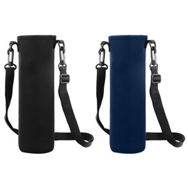 Dokeno Water Bottle Covers, Pack of 2 Bottle Holder Bag with Adjustable Shoulder Strap, 8 x 25 cm, Thermal Holder Bag, Scald-Proof Case for Hiking, Running, Walking, Trekking, Black + Dark Blue, Black