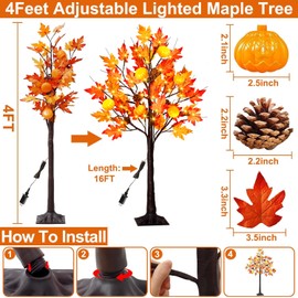 4 Feet Prelit Fall Maple Tree Thanksgiving Decorations with 60 LED Lights, Pinecone Pumpkin Light Up Maple Tree, Autumn Harvest Artificial Tree for Fall Thanksgiving Home Indoor Decor