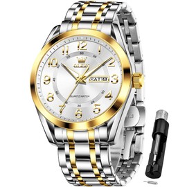 OLEVS Mens Watches White Fashion Big Numer Analog Quartz Stainless Steel Waterproof Luminous Casual Two Tone Reloj para Hombre