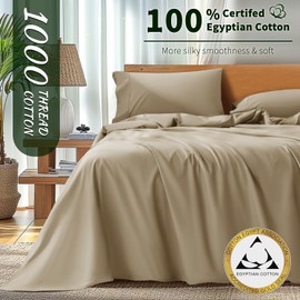 AiAngu 100% Egyptian Cotton Sheet Set 4 Piece, Luxury 1000 Thread Count Queen Sheets, Breathable & Cooling Sheets, 16" Deep Pocket, Machine Washable, Hotel Style Home Bedding(Queen,Linen)