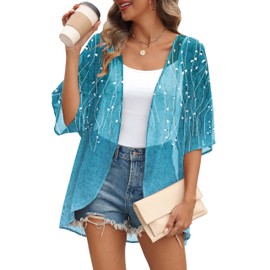 OFEEFAN Womens Tops 3/4 Length Sleeve Beach Cover Ups for Women Summer Outfits Loose Fit Blue Striped XL