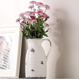 hjn Farmhouse Pitcher Vase for Flowers- Ceramic Pitcher White Pitcher Vase Decrative Pitchers for Your Kitchen/Home Decor/Office/Living Room/Bookshelf/Mantel/-White and Antique