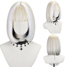 FREE BEAUTY Short Platinum Blonde Straight Wig with Bangs Platinum Wigs for Women Bob Shoulder Length Wigs Heat Resistant Fiber Synthetic Hair Wigs Hair Replacement Natural Looking 12inch