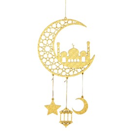 Ramadan Mubarak Decoration Wooden Pendant, 1 Piece Star Moon Lantern Eid Mubarak Door Sign Wooden Signs for Muslim Islam Ramadan Party Decorations (Gold Castle)