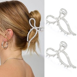CAKURE Bow Hair Clips Claw Silver Rhinestone Hair Claws Glitter Hair Bows Clip Sparkly Hair Accessories for Women and Girls (Pack of 2) (a-silver)