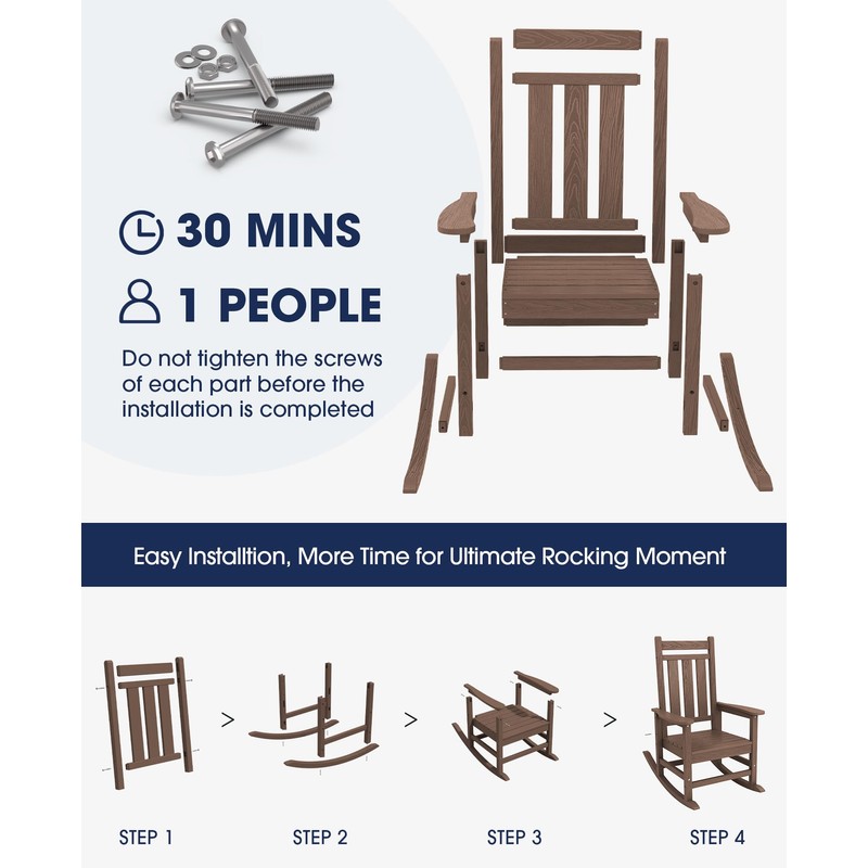 KINGYES Outdoor Patio Rocking Chair, Brown