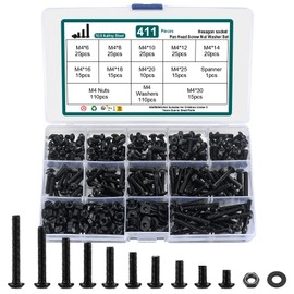 M4 Screws Set, 411 Pieces Allen Screws and Nuts and Washers Assorted Set, Black Thread Machine Pan Head Screws Thread Screws with Nuts Washers Set