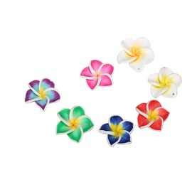 Healifty 50pcs Tropical Polymer Clay Flower Beads Summer Ocean Hawaii Plumeria Resin Cabochons Flatback Beads 5 Petal Floral Charm Beads with Hole for Jewellery Earring Making Home Decor