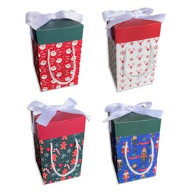 Christmas Gift Boxes with Lids for Presents - 4 Pcs 5,9x3,5x3,5 Inches Snowflake, Nutcracker, Santa, Cookie Gingerbread Man Themed Ribbon and Package Carrying Rope Included Small Decorative Holiday Christmas Gift Bags Party Favors (Christmas)