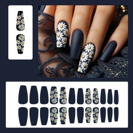 24 Pcs Spring Press on Nails Medium Coffin- ZIFANHU Cute Fake Nails Press ons Nail Acrylic Nail Kit Glue on Nails Full Cover False Nails with 3D Relief Daisy Design Artifical Stick on Nails Women