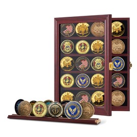 Jinchuan Military Challenge Coin Display Case Lockable Cabinet Rack Holder Shadow Box with Removable 2 Grooves Shelves and Anti Dust Door for Casino Poker Chips Collectibles Mahogany