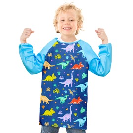 Fiodrimy Kids Art Smock, Unicorn Painting Smocks with Pocket, Waterproof Artist Long Sleeve Artist Apron for Child Girls Boys (Blue, Dinosaur, Medium,3-7 Years)