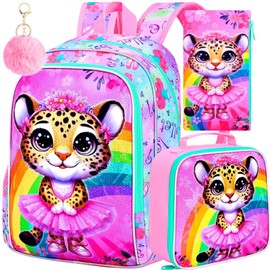 3PCS Kids Backpack for Girls, 16'' Leopard Preschool Bookbag with Lunch Box, Cute Animal Water Resistant School Bag for Elementary Kindergarten Toddler