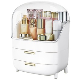 Vtopmart 3-Tier Skincare Makeup Organizer with Drawers and Lid for Vanity and Bathroom Countertop, Large Cosmetic Storage Box Case for Dresser, with Non-Slip Base