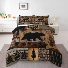 Feelyou Farmhouse Bear Bedding Set Rustic Cabin Wooden Comforter Set for Kids Boys Girls Teens Room Decor,Wild Animal Comforter Twin Size,Vintage Wooden Duvet Set 2Pcs