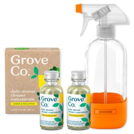 Grove Co. Daily Shower Cleaner, Refill Concentrate (2 x 1 Fl Oz) + 1 x Reusable Glass Spray Bottle (16 Oz), Plant-Based Cleaning Supplies, Reduced Plastic, Lemon & Eucalyptus Fragrance