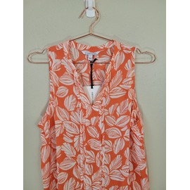 41 Hawthorn New 41 HAWTHORN L Coral White Leaf Print Breyson Pleat Split Neck Blouse Women
