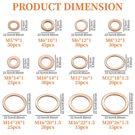 330 PCS Copper Sealing Rings Assortment Set, 12 Sizes Copper Metric Flat Sealing Washers Kit, Sump Plug Gasket Crush Washer Assortment, M5 M6 M8 M10 M12 M14 M16 M20