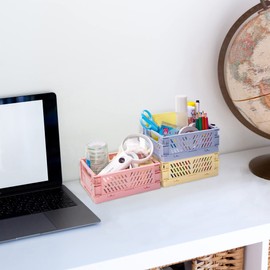 Mavolus 5 Pack Plastic Storage Collapsible Crate Organizer Basket Bin for Organizing Desk Drawer Shelf for Home Kitchen Bedroom Bathroom and Dorm Storage, 9.8x6.5x3.8in, Colorful