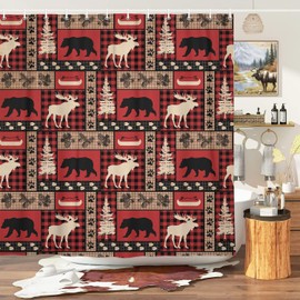 Rustic Lodge Cabin Shower Curtain Red and Black Plaid Patchwork Pattern, Woodland Wildlife Bath Curtain with Black Bear Moose Animal Hunting Vintage Farmhouse Bathroom Decor Set with Hooks 70X70IN