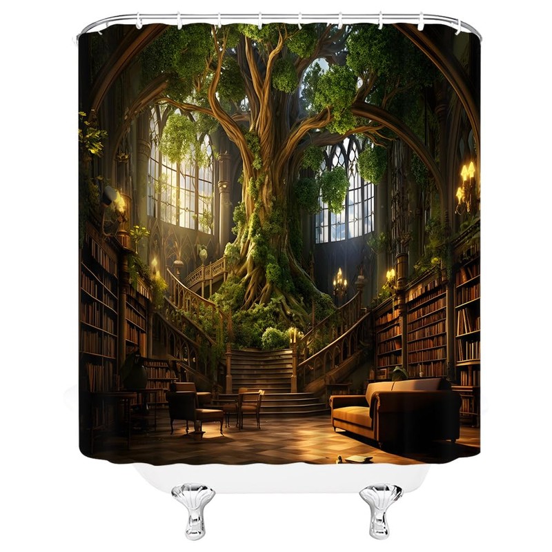 HYKHYK Library Shower Curtain Vinatge Bookshelf Magic Green Tree Forest