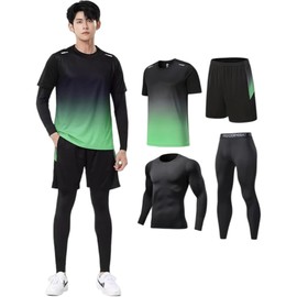 ZOEMAKE Sportswear, Men's, Women's, Top and Bottom, 4-Piece Set, Running, Tennis Wear, Training, Stylish, Sweat Absorbent, Quick Drying, Unisex, green, XL