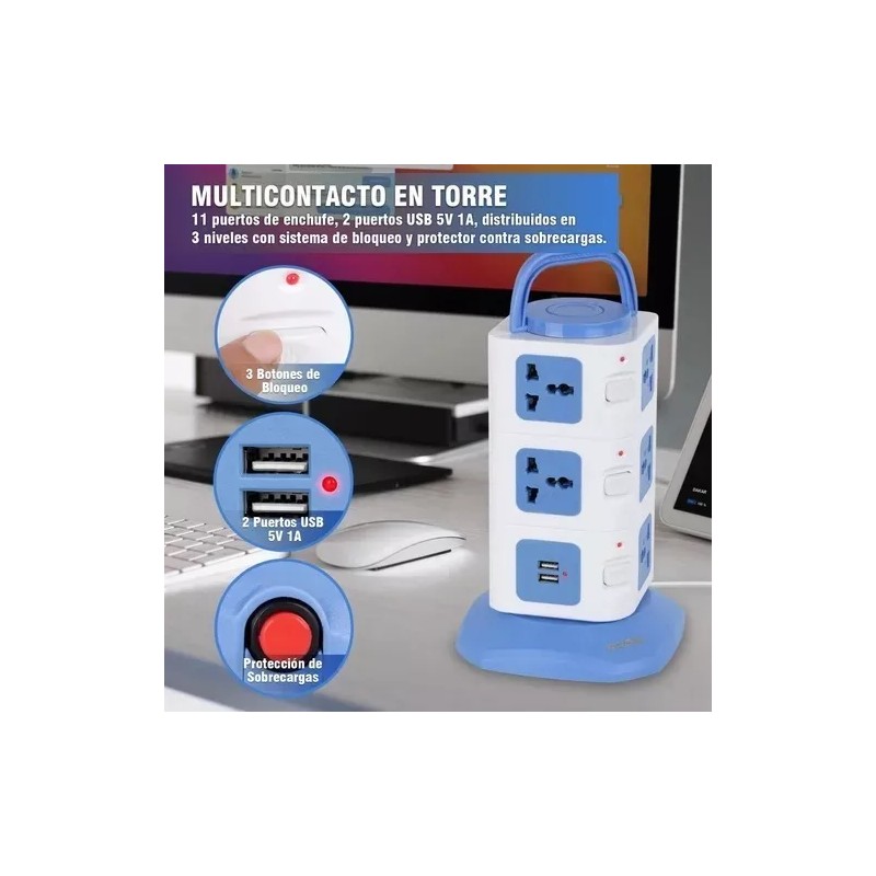 Transhine Torre Multicontacto Regleta Protector 11 Ac / 2 Usb