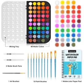 Watercolor Paint Set, 48 Colors Watercolors Kit Water Colors with 10 Paint Brushes, Brush Pens, Palette, Drawing Pad, Art Crafts Painting Supplies, Gifts for Teens Girls Boys Kids Adults Artist