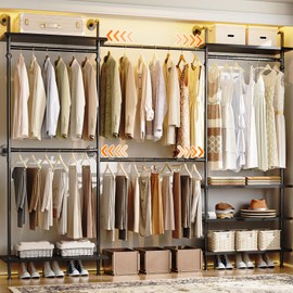 Aheaplus Garment Rack, Closet System with Wood Shelves for Hanging Clothes, Expandable Industrial Pipe Wall Mounted Clothing Rack, Adjustable Storage Wardrobe Closets Kit for Walk in Closets, Black