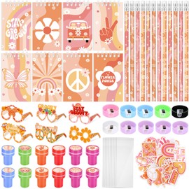 Honoson 122 Pcs Two Groovy Party Favors Retro Hippie Stationery Set Classroom Reward Prizes Notepads Pencils Badges Sharpeners Glasses Stickers Gift Bags for Kids Boho Birthday Party Supplies