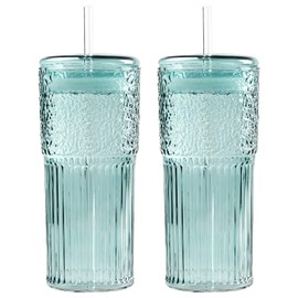 GOSCHE Glass Cups with Straws and Lids 20oz, High Borosilicate Glass Drinking Jar Water Cups, Glass Coffee Tumbler 2 Pcs for Tea Water Milkshake, Green