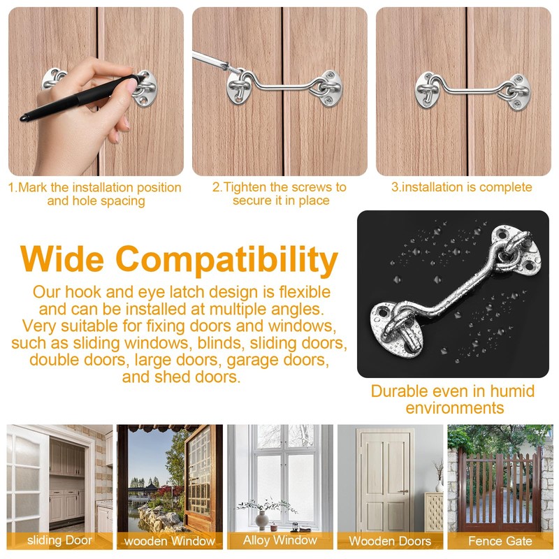 4 Inch Hook and Eye Latch Silver, 2 Pcs Stainless