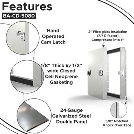 Best 18" x 18" Removable Duct Access Panel with Neoprene Gasket, 2” Fiberglass Insulated HVAC Duct Access Door, 24-Gauge Steel Double Panel, 5/8" Notched Knock Over Tabs, Hand Cam Latch, BA-CD-5080