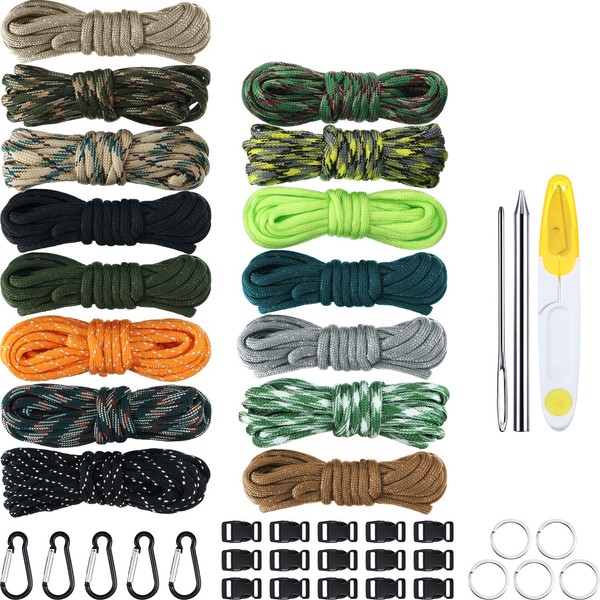 Paracord Combo Crafting Kits 150 Feet 15 Colors Parachute Cord with Buckles Keychain Key Rings and Paracord Lacing Needle Stitching Needles Kit