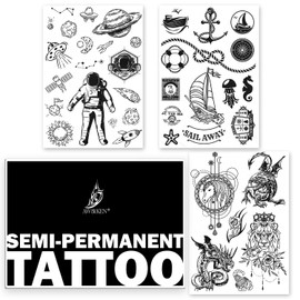 AWAKEN Temporary Fake Tattoos Juice Tattoo Semi Permanent Stickers Waterproof Plant Based Last 1-2 Weeks Unisex Design Astronaut Planets Galaxies Compass Arrow (Pack of 8)