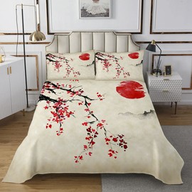 Japanese Quilted Coverlet Set Cherry Blossoms Sun Quilted Bedspread for Kids Boys Girls Sakura Tree Flowers Spring Red Brown 3Pcs King Size