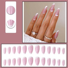 24Pcs Nude Press on Nails Short Almond LINMEIZAI with White French Tip Design Fake Nails Press ons Nail Glue on Nails Full Cover Acrylic Nail Tips Kit False Nails Stickers Nail Art for Women Manicure