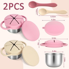 XIEJ 2 Pack Stainless Steel Toddler Snack Cups,Snack Containers For Kids,Baby Food Catcher Spill Proof,Bpa-Free,Food Grade Silicone,Spoon Is Included