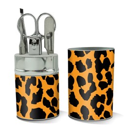 Leopard Print Orange And Black Stainless Steel Manicure Pedicure Grooming Beauty Care Travel Kit