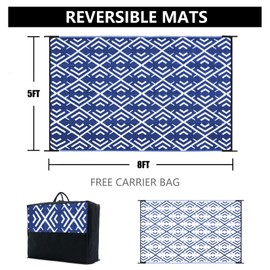 HUGEAR Outdoor Plastic Straw Rug, Waterproof Outdoor Rugs for Patios Clearance, Reversible Area Rug, Large Outside Carpet for Camping, Balcony, RV, Deck, Picnic, Beach (5x8ft Boho/Blue&White)