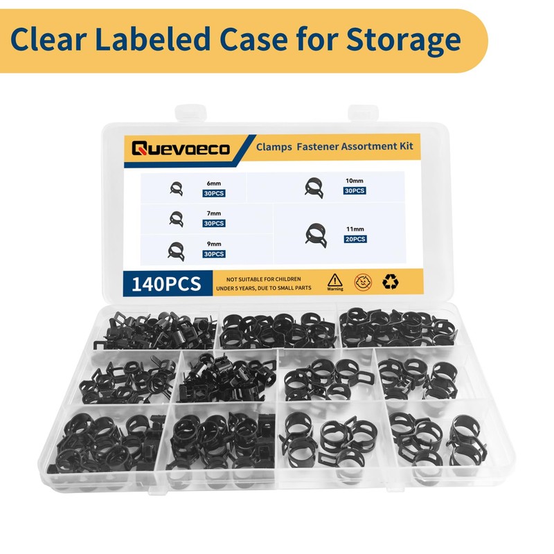 Quevaeco 140PCS Spring Hose Clamps Assortment, 6/7/9/10/11mm Fuel Line &