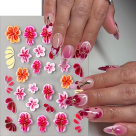 3Sheets 5D Embossed Flowers Nail Art Stickers Self-Adhesive Pink Red Flower Nail Decals Floral French Tips Nail Design Spring Summer Lily Hibiscus Nail Art Supplies for Women Manicure Decorations