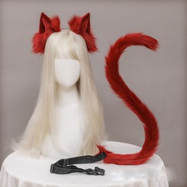 Handmade Cat Ears Headband and Tail Set, Flexible Animal Fox Ears Hair Hoop Tail Cosplay Party Costume Fancy Dress Accessories (Red)
