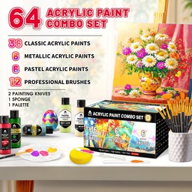 64 Pcs Classic & Metallic & Pastel Acrylic Paint Set with 12 Brushes, 2 Knives & Palette, 48 Colors (2oz/60ml) - for Adults, Kids, Artists & Beginners - Arts and Crafts Painting Kit