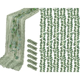 Tioncy 6 Pcs Sage Green 35 Inches x 10 ft Cheese Cloth Table Runner 12 Pcs 78.7 Inch Artificial Eucalyptus Garland Vines for Bridal Shower Wedding Spring Easter Holiday Birthday Table Decorations